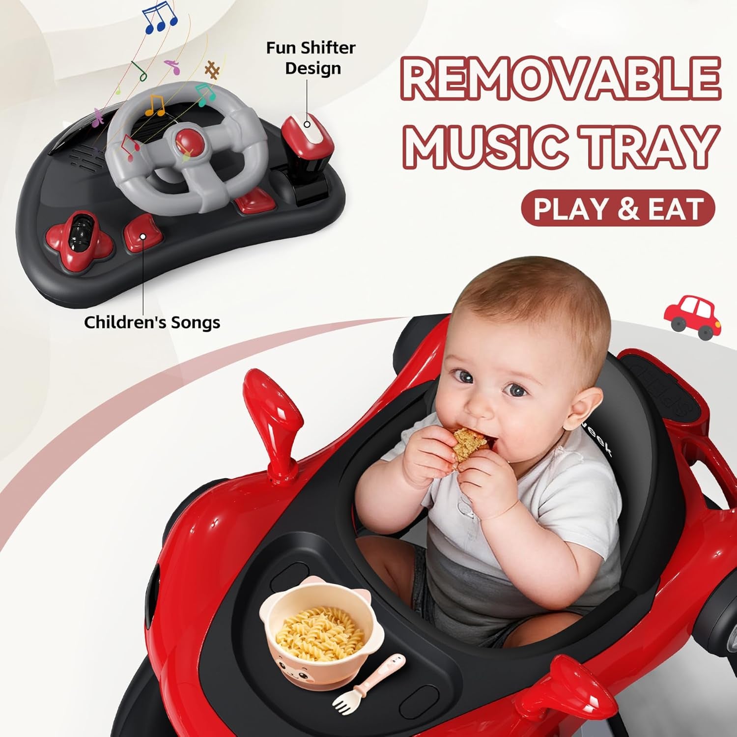 5-in-1 Baby Walker with Wheels – Push Walker, Music & Lights, Feeding Tray, Bouncer, Sun Canopy, Adjustable Wheel Speed, for Babies 6–18 Months (Wine Red)