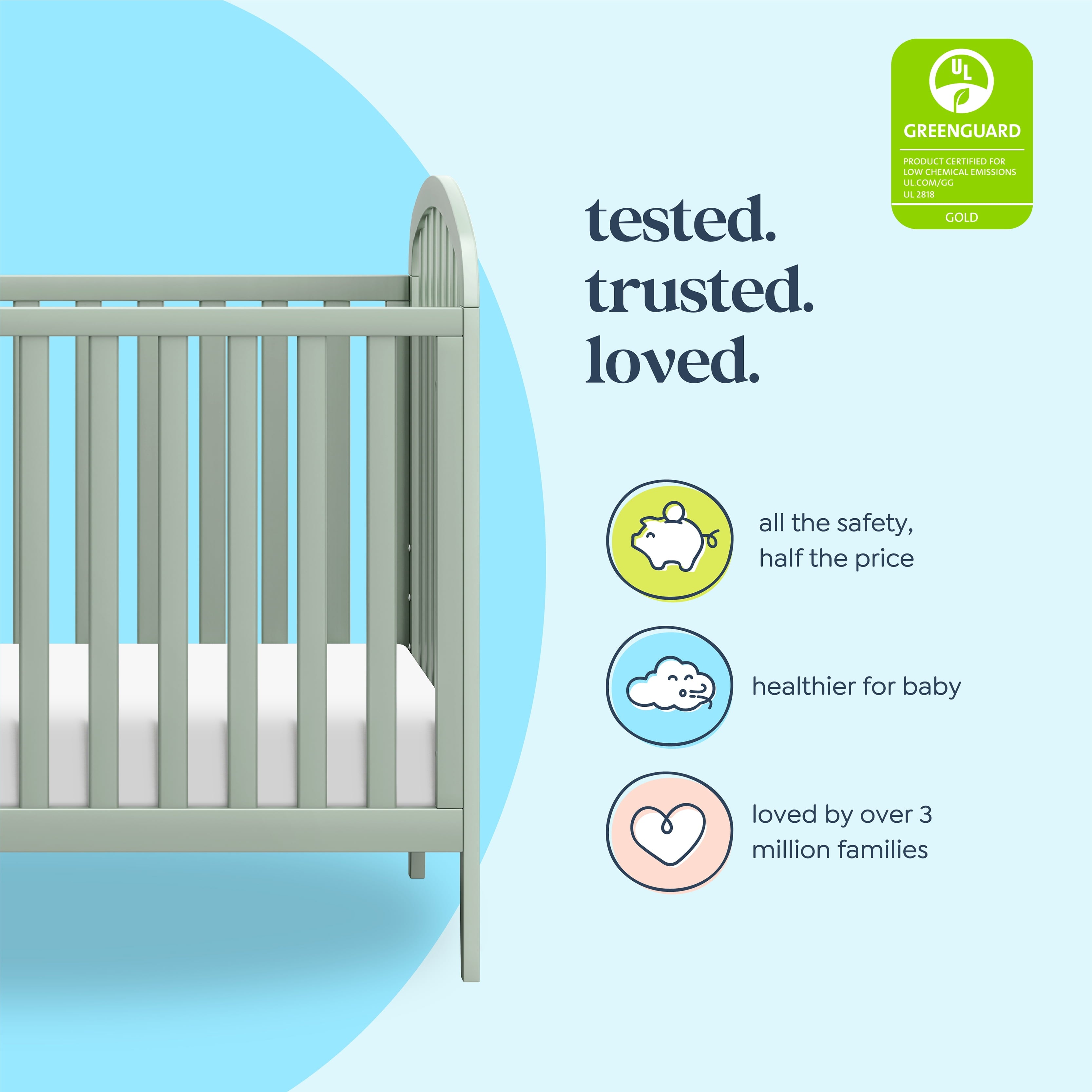 Beau 3-In-1 Convertible Crib – Light Sage, Converts to Toddler Bed and Daybed, Adjustable Mattress Height