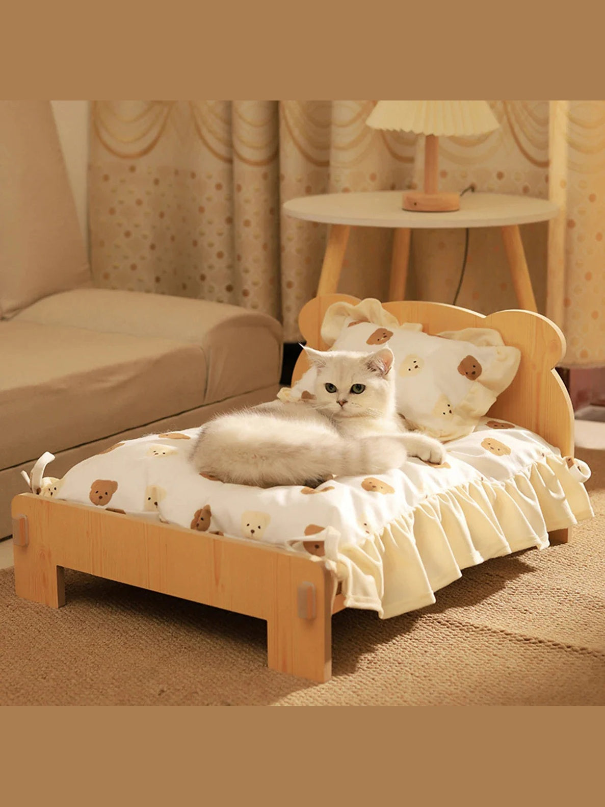 Wooden Cat & Dog Bed – Teddy Bear Pattern Indoor Pet Furniture