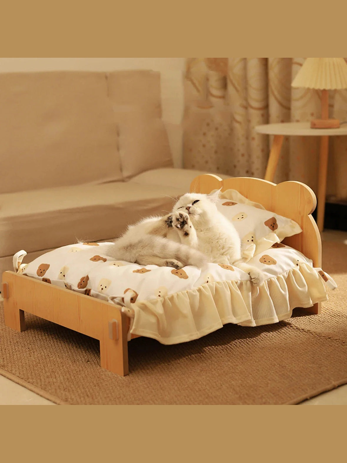 Wooden Cat & Dog Bed – Teddy Bear Pattern Indoor Pet Furniture