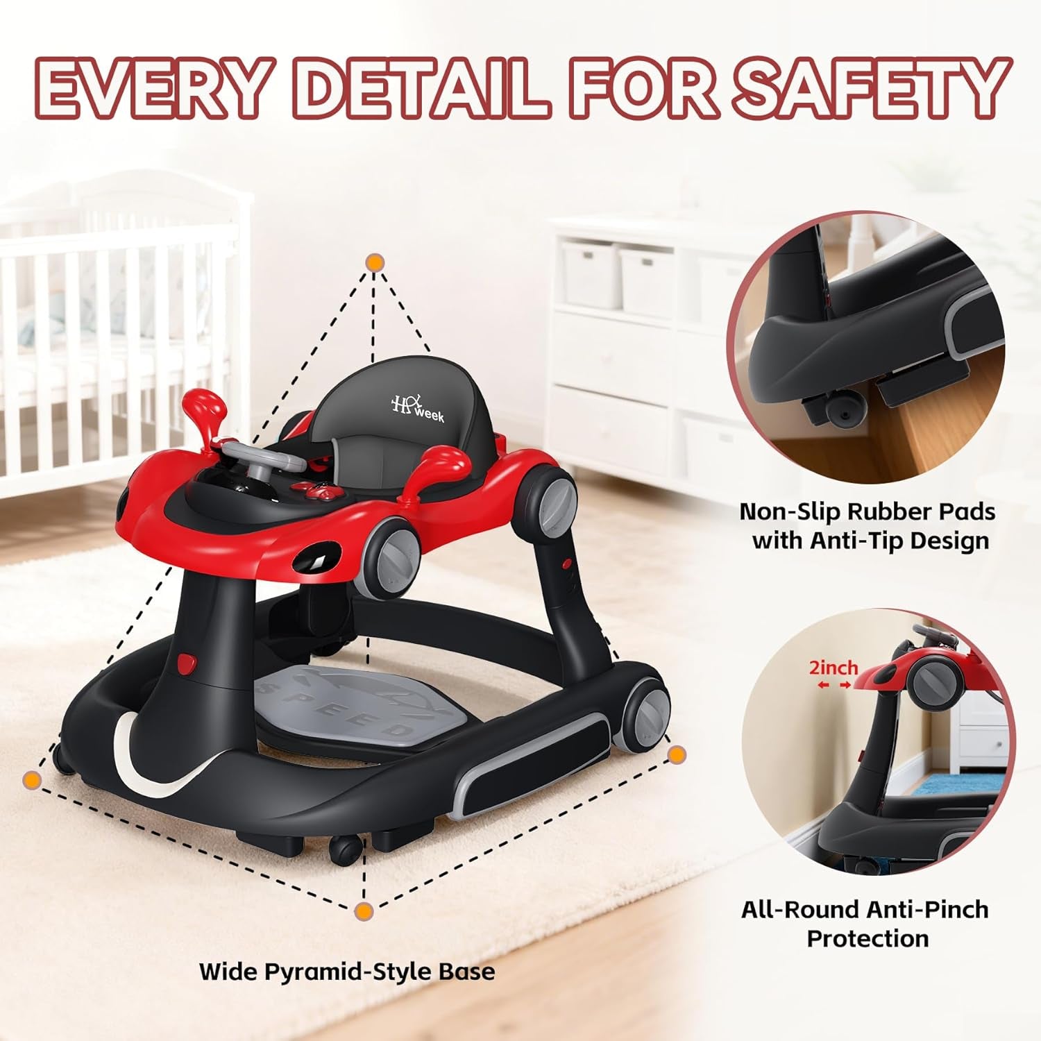 5-in-1 Baby Walker with Wheels – Push Walker, Music & Lights, Feeding Tray, Bouncer, Sun Canopy, Adjustable Wheel Speed, for Babies 6–18 Months (Wine Red)