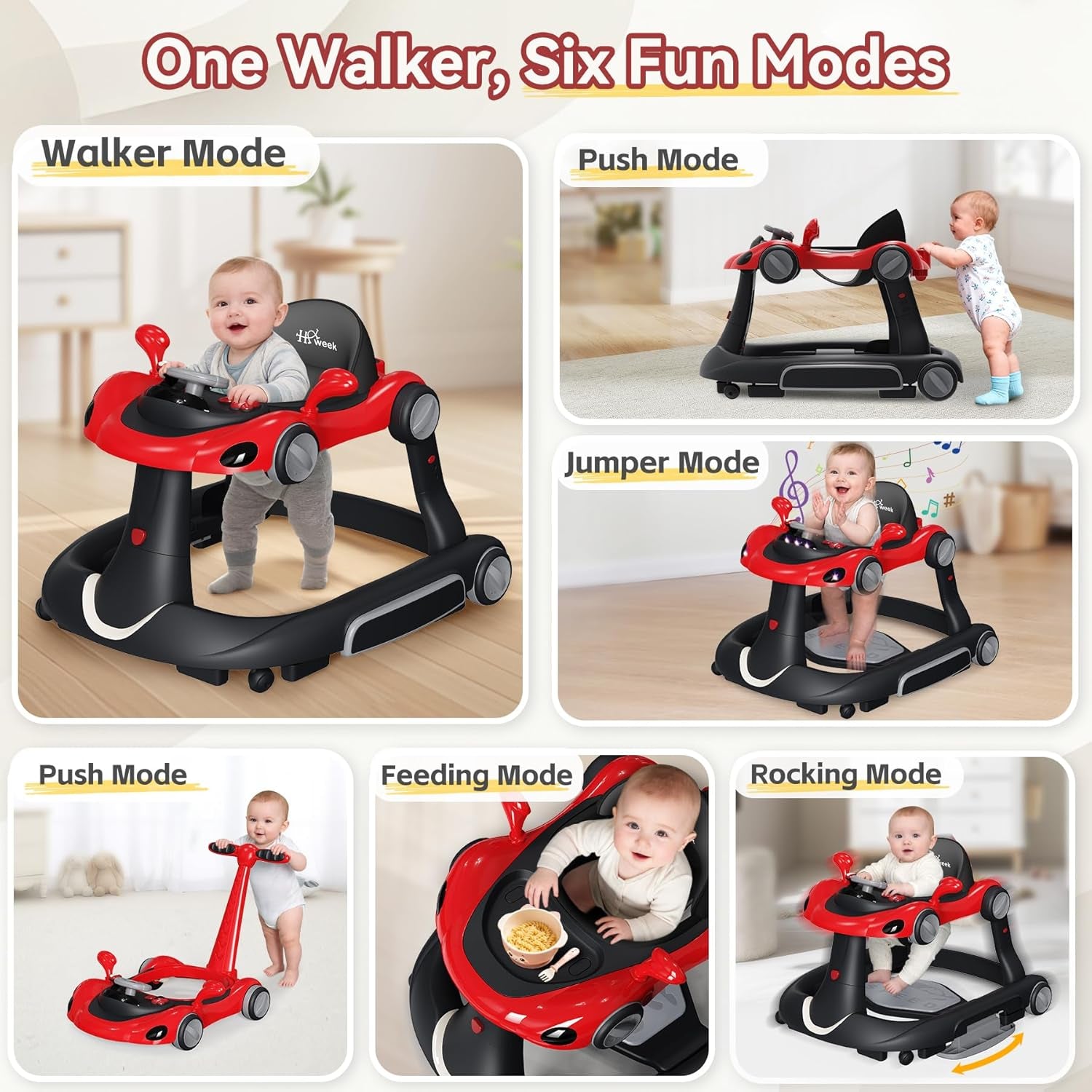 5-in-1 Baby Walker with Wheels – Push Walker, Music & Lights, Feeding Tray, Bouncer, Sun Canopy, Adjustable Wheel Speed, for Babies 6–18 Months (Wine Red)