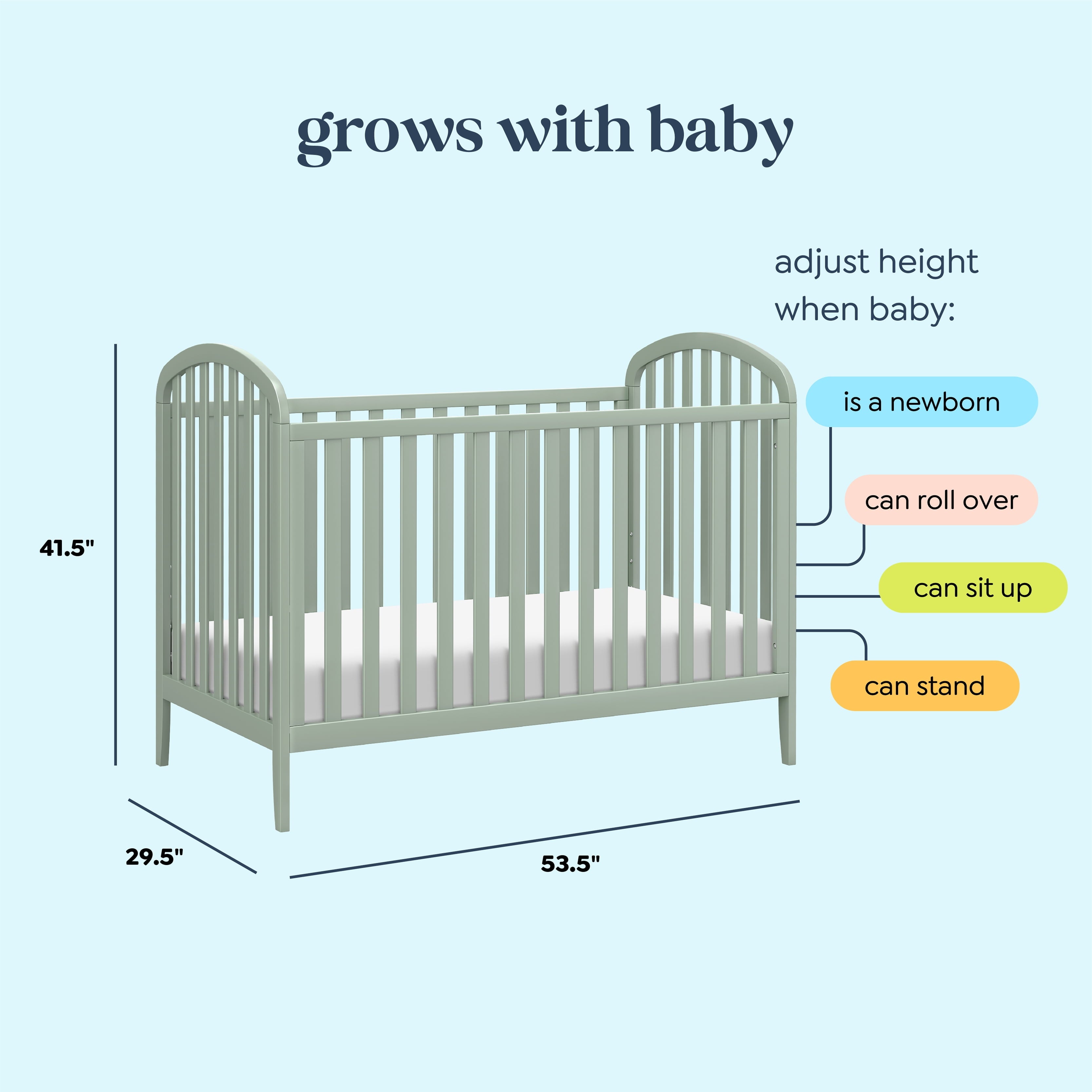 Beau 3-In-1 Convertible Crib – Light Sage, Converts to Toddler Bed and Daybed, Adjustable Mattress Height