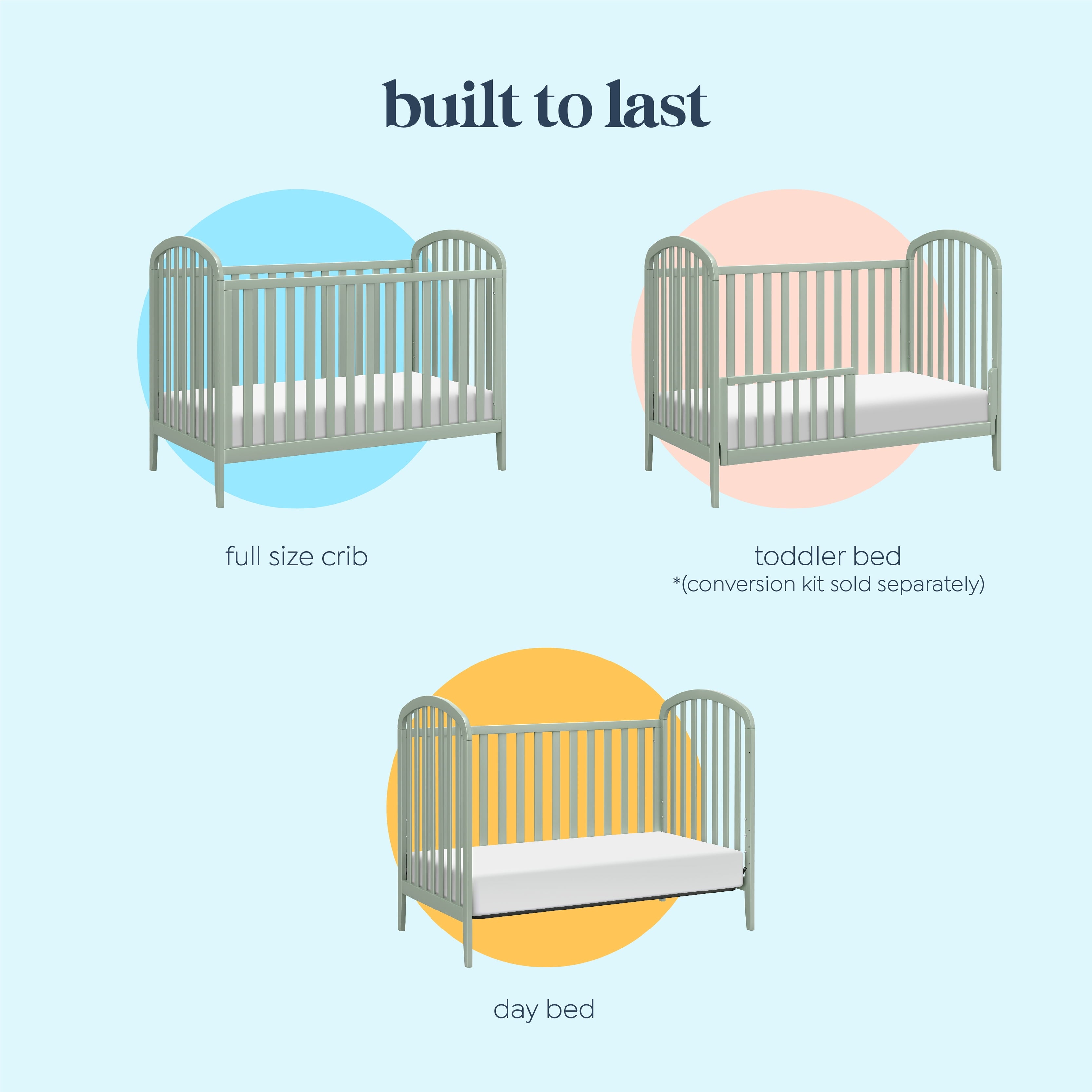 Beau 3-In-1 Convertible Crib – Light Sage, Converts to Toddler Bed and Daybed, Adjustable Mattress Height