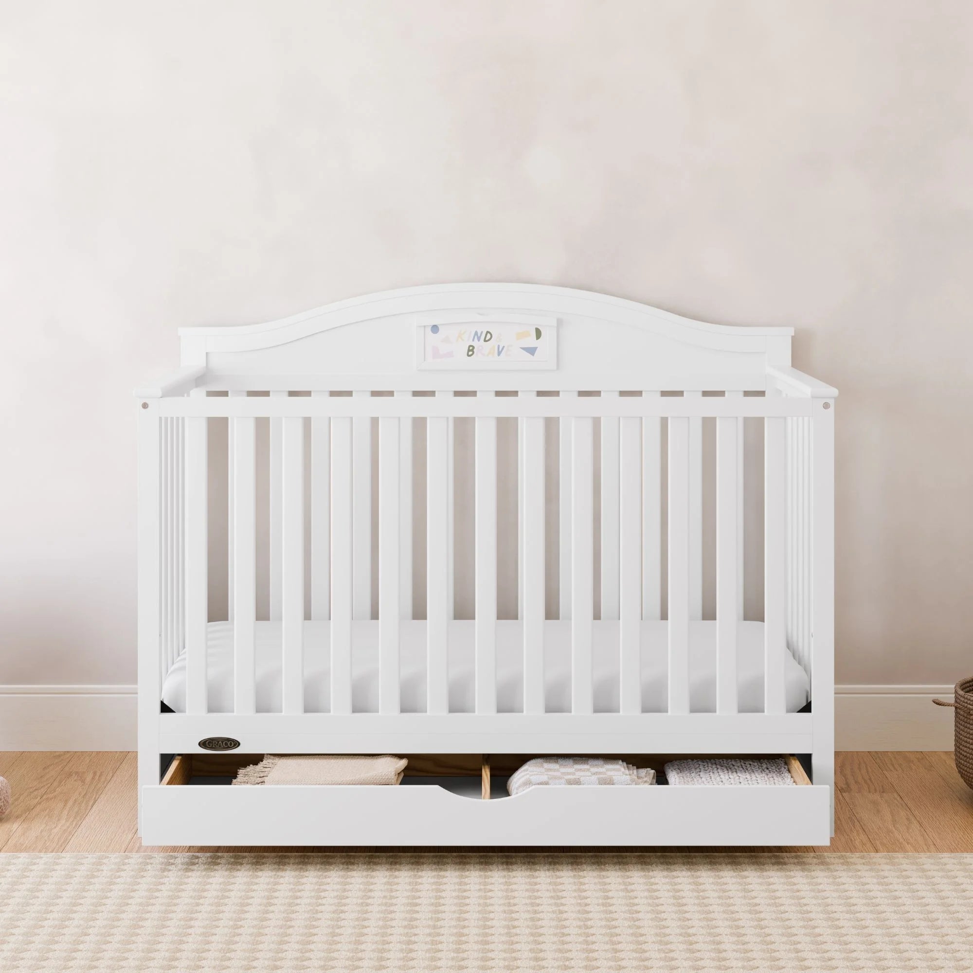 Story 5-In-1 Convertible Baby Crib with Drawer and Reversible Headboard – White, Converts to Toddler Bed, Daybed, and Full-Size Bed